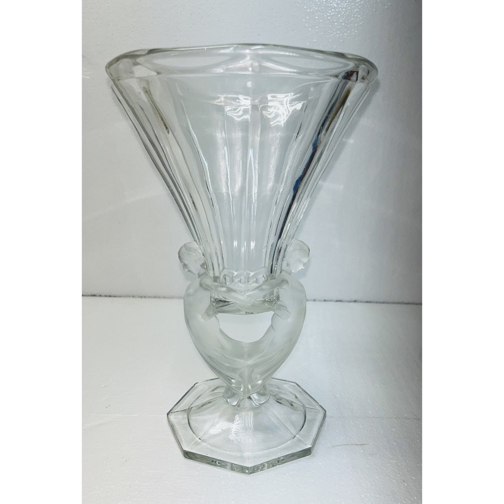 Vtg Art Deco Figural Pressed Glass Vase Nude Women Attributed Walther & Sohn REA